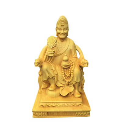 Boxwood 10cm Ji Gong Sculpture Crazy Monk Wood Carving Sitting Buddha Status Feng Shui Home Decor