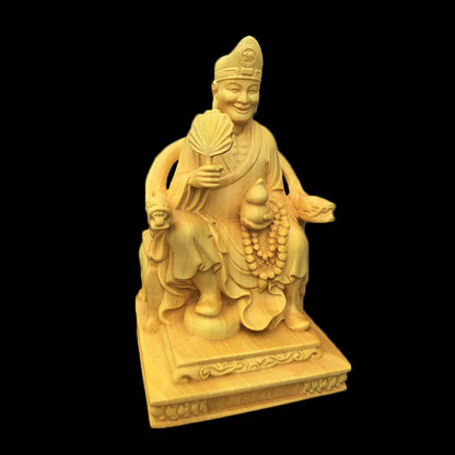 Boxwood 10cm Ji Gong Sculpture Crazy Monk Wood Carving Sitting Buddha Status Feng Shui Home Decor