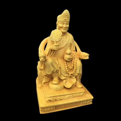 Boxwood 10cm Ji Gong Sculpture Crazy Monk Wood Carving Sitting Buddha Status Feng Shui Home Decor