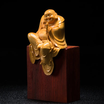 Boxwood 10cm Maitreya Sculpture Wood Carving Buddha Statue Laughing Buddha Home Decor