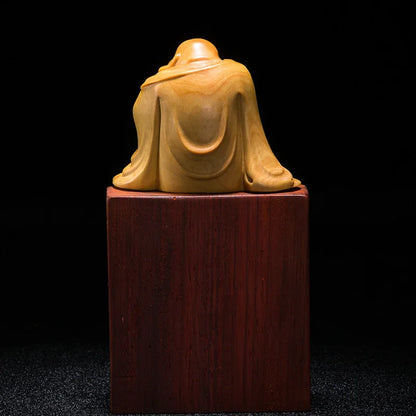 Boxwood 10cm Maitreya Sculpture Wood Carving Buddha Statue Laughing Buddha Home Decor
