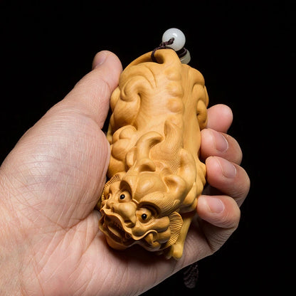 Boxwood 10cm Pixiu Sculpture Wood Carving Animal Statue Lucky Chinese God Beast Pendant Home Decor