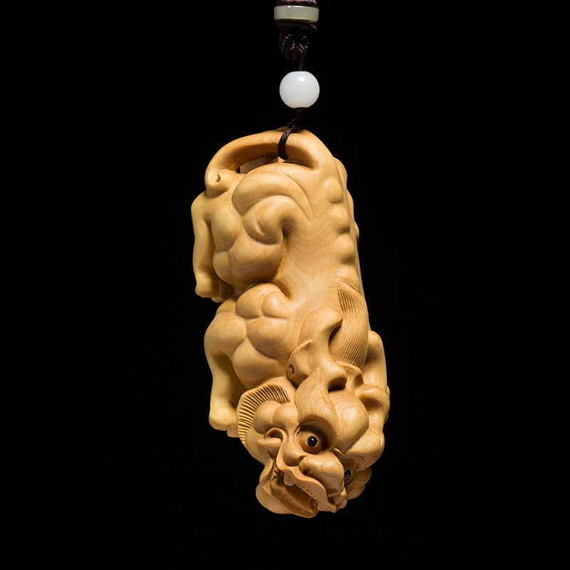 Boxwood 10cm Pixiu Sculpture Wood Carving Animal Statue Lucky Chinese God Beast Pendant Home Decor