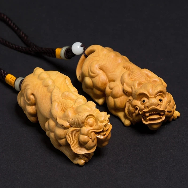 Boxwood 10cm Pixiu Sculpture Wood Carving Animal Statue Lucky Chinese God Beast Pendant Home Decor