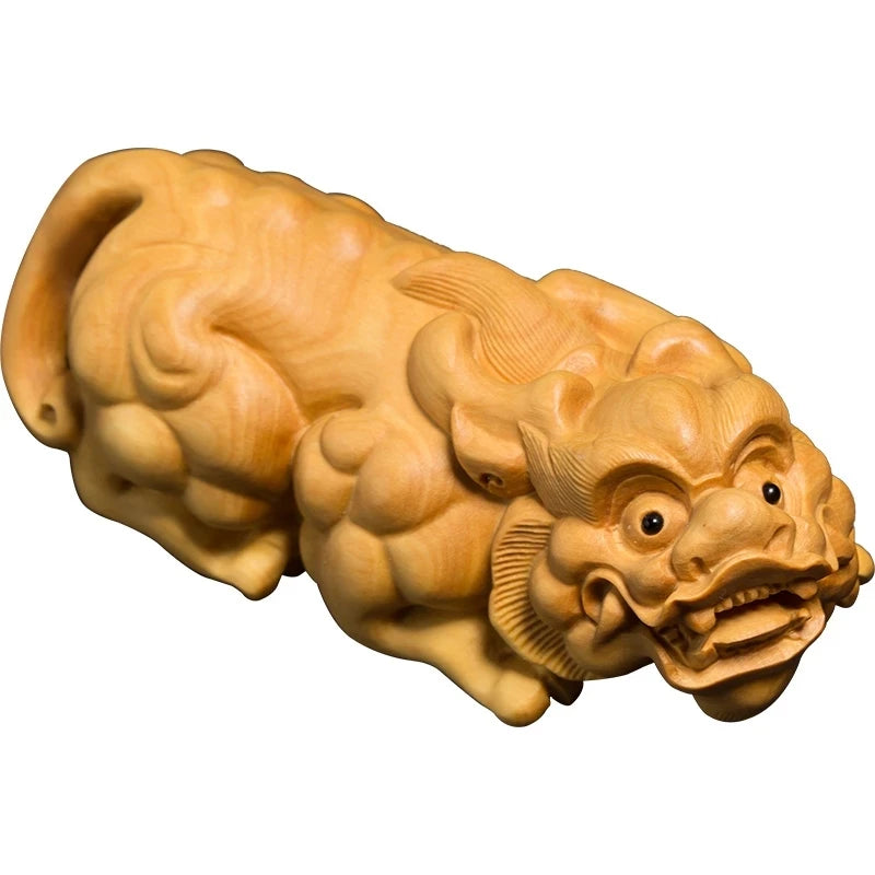 Boxwood 10cm Pixiu Sculpture Wood Carving Animal Statue Lucky Chinese God Beast Pendant Home Decor