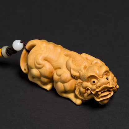 Boxwood 10cm Pixiu Sculpture Wood Carving Animal Statue Lucky Chinese God Beast Pendant Home Decor