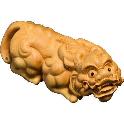 Boxwood 10cm Pixiu Sculpture Wood Carving Animal Statue Lucky Chinese God Beast Pendant Home Decor