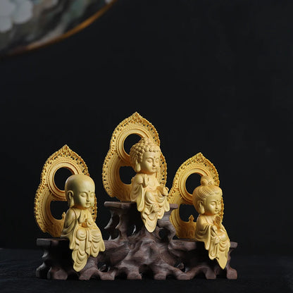 Boxwood 10cm Three Buddha Cartoon Sculpture Chinese Mythology Figure Guanyin Wood Carving Status Sakyamuni Ksitigarbha Decor