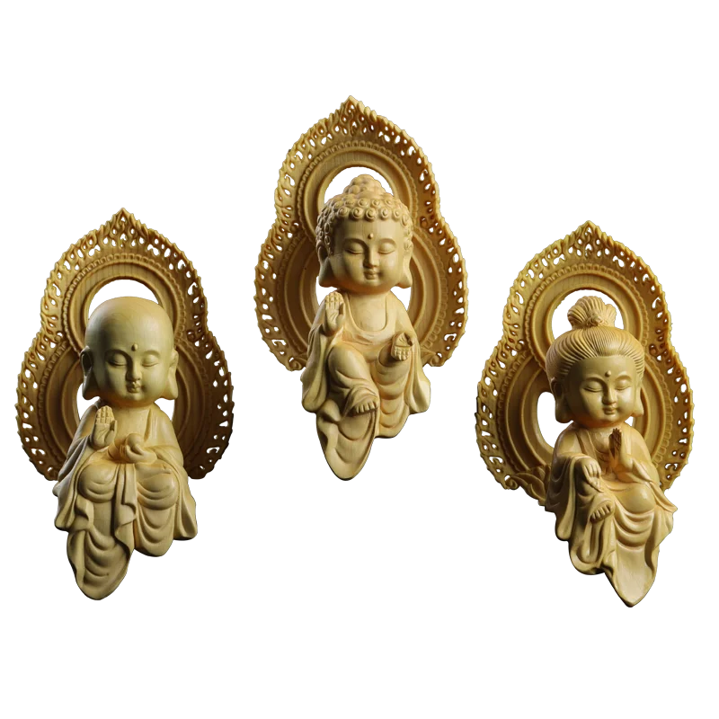 Boxwood 10cm Three Buddha Cartoon Sculpture Chinese Mythology Figure Guanyin Wood Carving Status Sakyamuni Ksitigarbha Decor