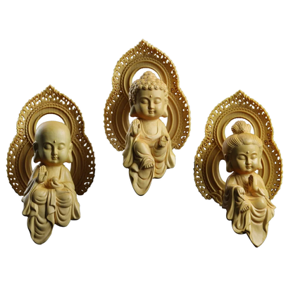 Boxwood 10cm Three Buddha Cartoon Sculpture Chinese Mythology Figure Guanyin Wood Carving Status Sakyamuni Ksitigarbha Decor