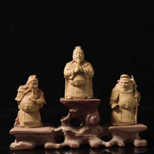 Boxwood 10cm Three Kingdoms Three Brothers Sculpture Figure Chinese Liubei Guanyu Zhangfei Solid Wood Statue Loyalty Home Decor