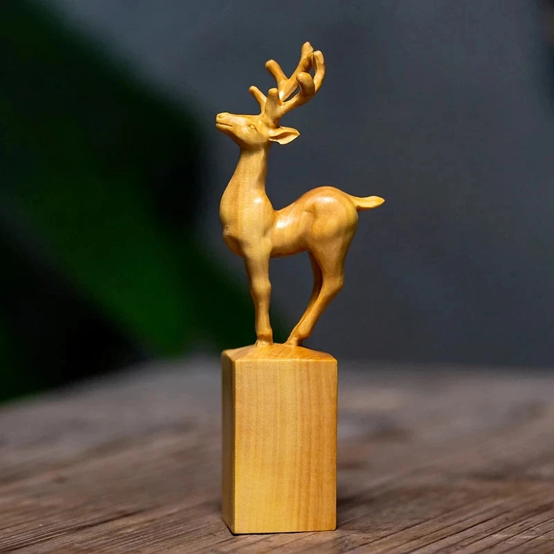Boxwood 11CM Elk Sculpture Deer Seal Stamp Lucky Animal Wood Statue Feng Shui Office Stationery Home Decor