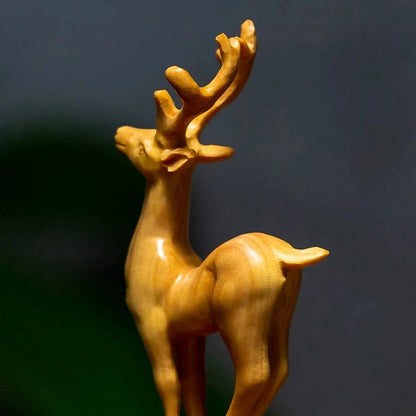 Boxwood 11CM Elk Sculpture Deer Seal Stamp Lucky Animal Wood Statue Feng Shui Office Stationery Home Decor