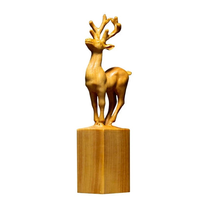 Boxwood 11CM Elk Sculpture Deer Seal Stamp Lucky Animal Wood Statue Feng Shui Office Stationery Home Decor