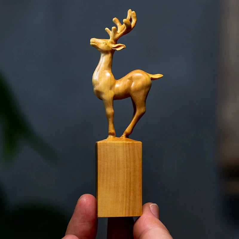 Boxwood 11CM Elk Sculpture Deer Seal Stamp Lucky Animal Wood Statue Feng Shui Office Stationery Home Decor
