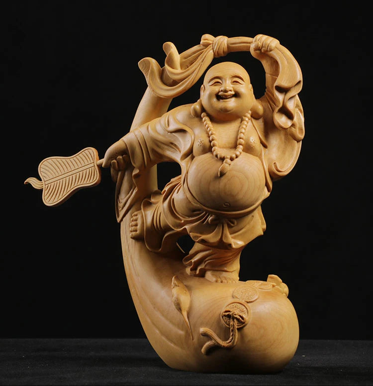 Boxwood 11cm 17cm Maitreya Sculpture Wood Carving Laughing Buddha Statue Home Decor