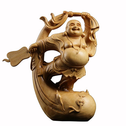 Boxwood 11cm 17cm Maitreya Sculpture Wood Carving Laughing Buddha Statue Home Decor