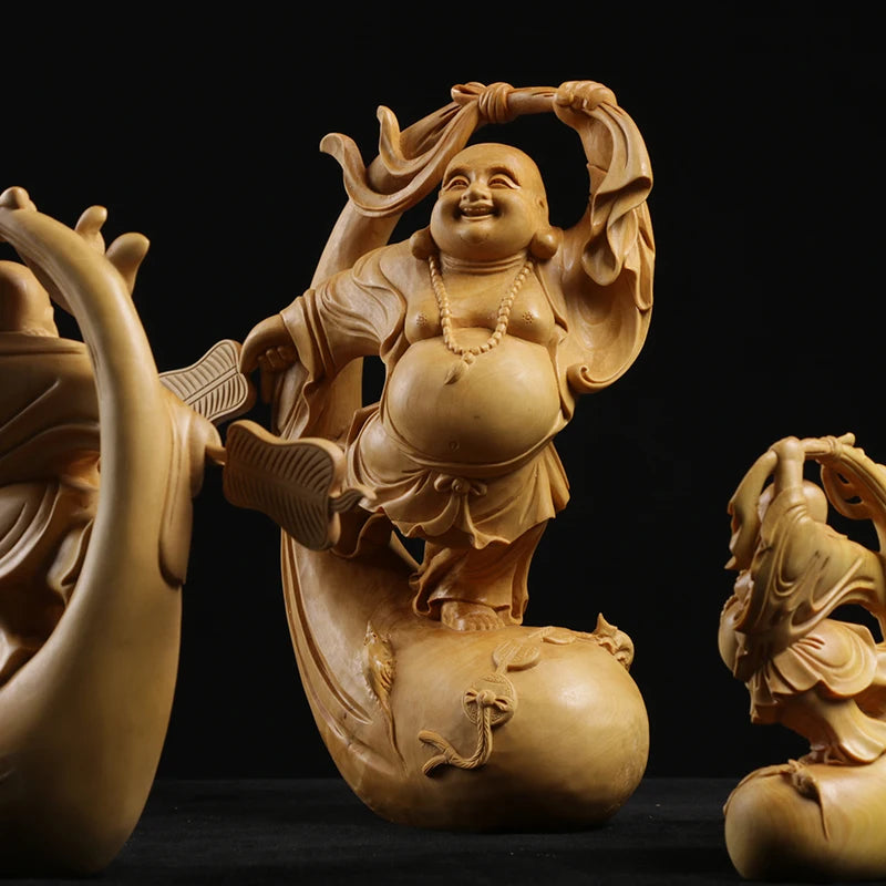 Boxwood 11cm 17cm Maitreya Sculpture Wood Carving Laughing Buddha Statue Home Decor