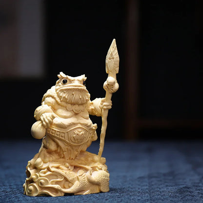 Boxwood 11cm Gold Toad General Sculpture Wood Carving Chinese Myth Animal Statue Lucky Mascot Home Decor