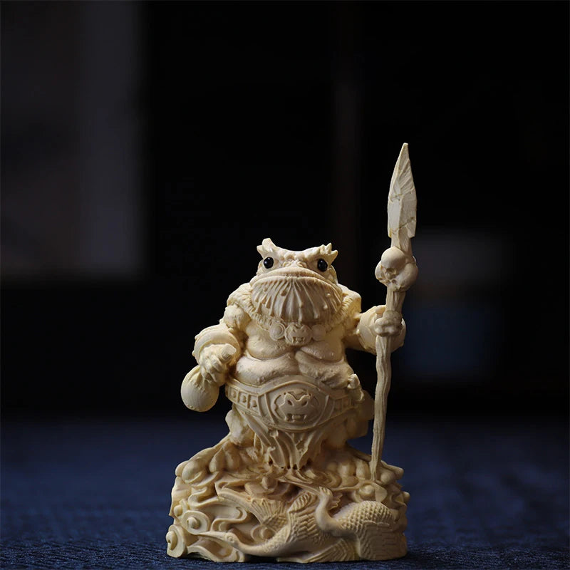 Boxwood 11cm Gold Toad General Sculpture Wood Carving Chinese Myth Animal Statue Lucky Mascot Home Decor