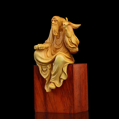 Boxwood 11cm Laozi Preach Sculpture Taoism Figurines Feng Shui Wood Statue Lao Tzu Zen Collection Home Decor