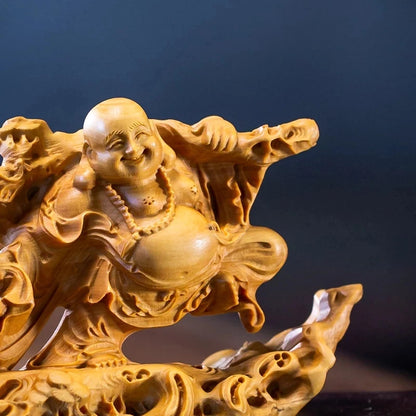 Boxwood 12 14 16cm Maitreya Sculpture Wood Buddha Statue Collection Laughing Buddha Blessing Home Decor