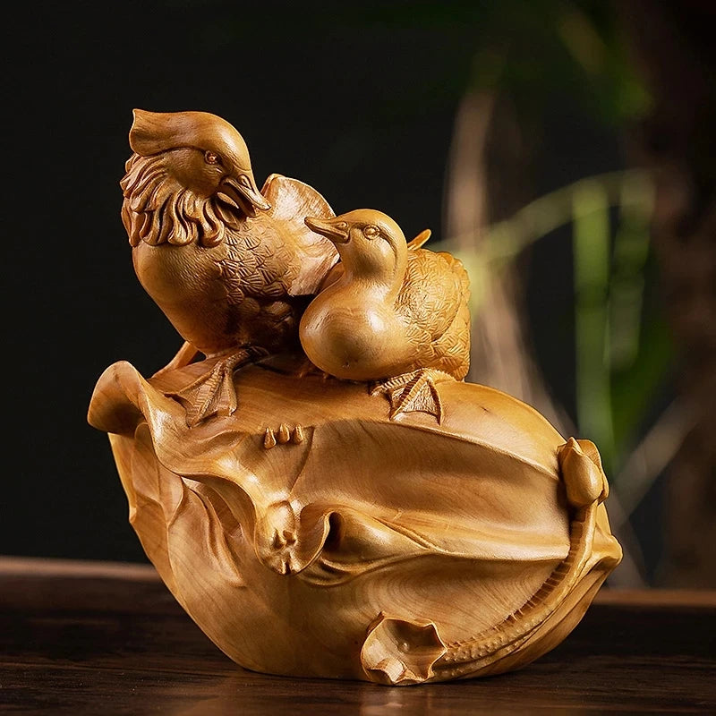 Boxwood 12CM Mandarin Duck Sculpture Lucky Wood Animal Statue Fall In Love Home Decoration