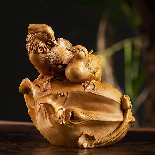 Boxwood 12CM Mandarin Duck Sculpture Lucky Wood Animal Statue Fall In Love Home Decoration