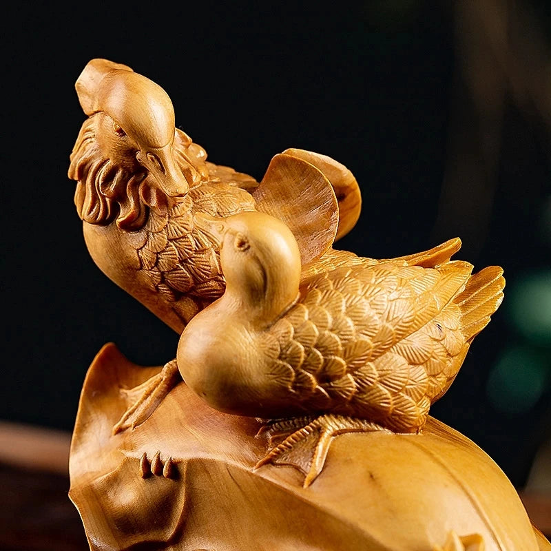 Boxwood 12CM Mandarin Duck Sculpture Lucky Wood Animal Statue Fall In Love Home Decoration
