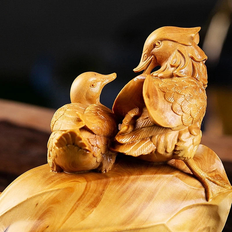 Boxwood 12CM Mandarin Duck Sculpture Lucky Wood Animal Statue Fall In Love Home Decoration