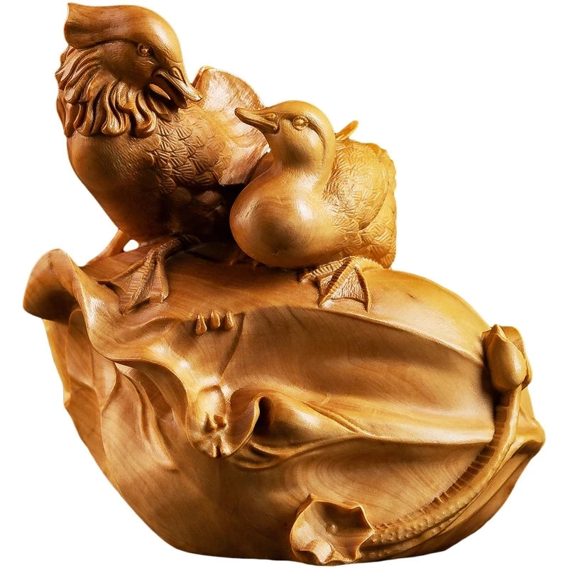 Boxwood 12CM Mandarin Duck Sculpture Lucky Wood Animal Statue Fall In Love Home Decoration