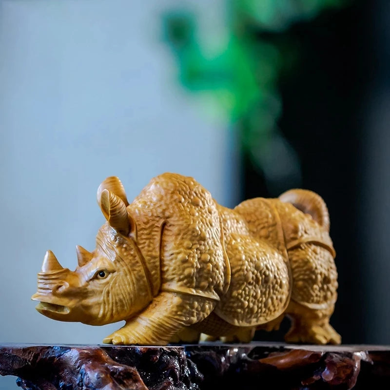 Boxwood 12CM Rhinoceros Sculpture Wood Realistic Animal Statue Lucky Home Decor
