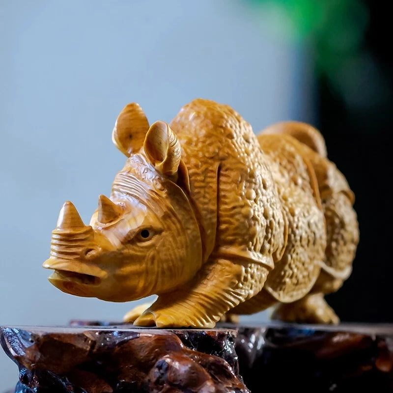Boxwood 12CM Rhinoceros Sculpture Wood Realistic Animal Statue Lucky Home Decor