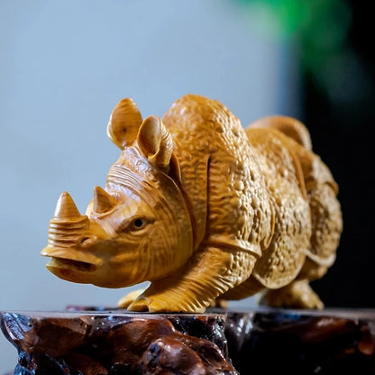 Boxwood 12CM Rhinoceros Sculpture Wood Realistic Animal Statue Lucky Home Decor