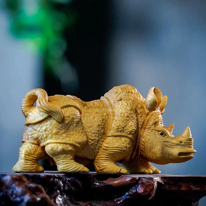 Boxwood 12CM Rhinoceros Sculpture Wood Realistic Animal Statue Lucky Home Decor