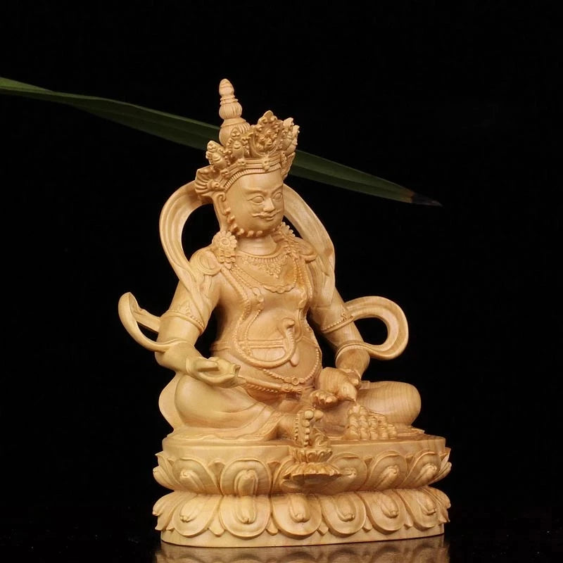 Boxwood 12CM Wood Carving Huang Cai Shen Fortune Lucky Feng Shui Sculpture Buddha Statue Home Decoration Office Decoration