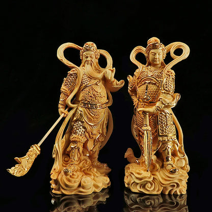 Boxwood 12cm 18cm Guan Gong Sculpture Wood Skanda Samgharama Painted Gold Buddha Statue Door God Worship Home Decor