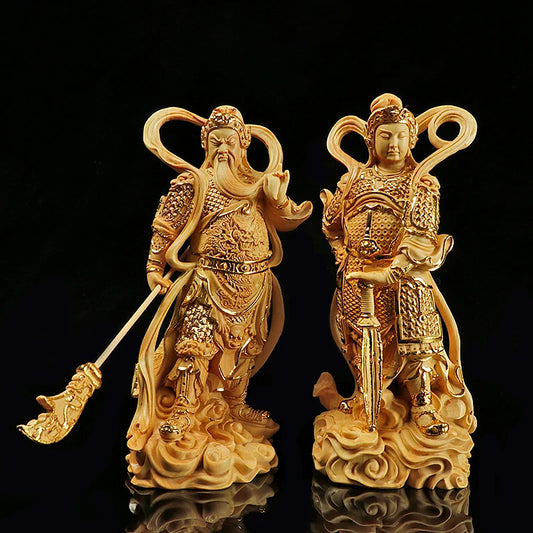 Boxwood 12cm 18cm Guan Gong Sculpture Wood Skanda Samgharama Painted Gold Buddha Statue Door God Worship Home Decor