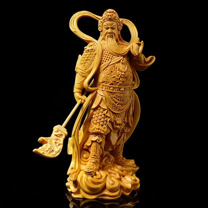 Boxwood 12cm 18cm Guan Gong Sculpture Wood Skanda Samgharama Painted Gold Buddha Statue Door God Worship Home Decor