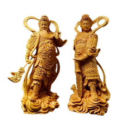 Boxwood 12cm 18cm Guan Gong Sculpture Wood Skanda Samgharama Painted Gold Buddha Statue Door God Worship Home Decor