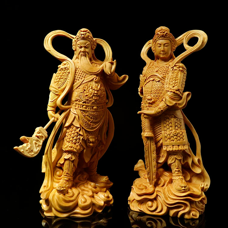 Boxwood 12cm 18cm Guan Gong Sculpture Wood Skanda Samgharama Painted Gold Buddha Statue Door God Worship Home Decor
