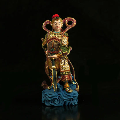 Boxwood 12cm 18cm Guan Gong Sculpture Wood Skanda Samgharama Painted Gold Buddha Statue Door God Worship Home Decor