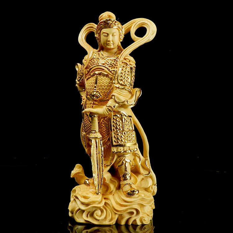 Boxwood 12cm 18cm Guan Gong Sculpture Wood Skanda Samgharama Painted Gold Buddha Statue Door God Worship Home Decor