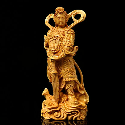 Boxwood 12cm 18cm Guan Gong Sculpture Wood Skanda Samgharama Painted Gold Buddha Statue Door God Worship Home Decor
