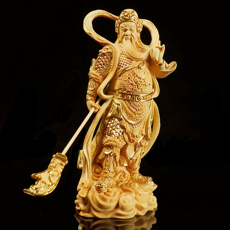 Boxwood 12cm 18cm Guan Gong Sculpture Wood Skanda Samgharama Painted Gold Buddha Statue Door God Worship Home Decor