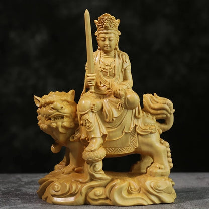 Boxwood 12cm Manjushri Samantabhadra Sculpture Wood Carving Buddha Statue Home Decor