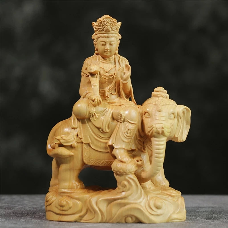 Boxwood 12cm Manjushri Samantabhadra Sculpture Wood Carving Buddha Statue Home Decor