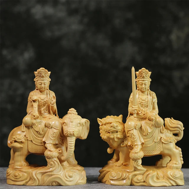 Boxwood 12cm Manjushri Samantabhadra Sculpture Wood Carving Buddha Statue Home Decor
