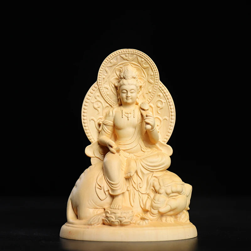 Boxwood 12cm Manjushri and Samantabhadra Bodhisattva Figure Sculpture Buddha Wood Statue Riding Elephant Lion Home Decor