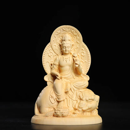 Boxwood 12cm Manjushri and Samantabhadra Bodhisattva Figure Sculpture Buddha Wood Statue Riding Elephant Lion Home Decor
